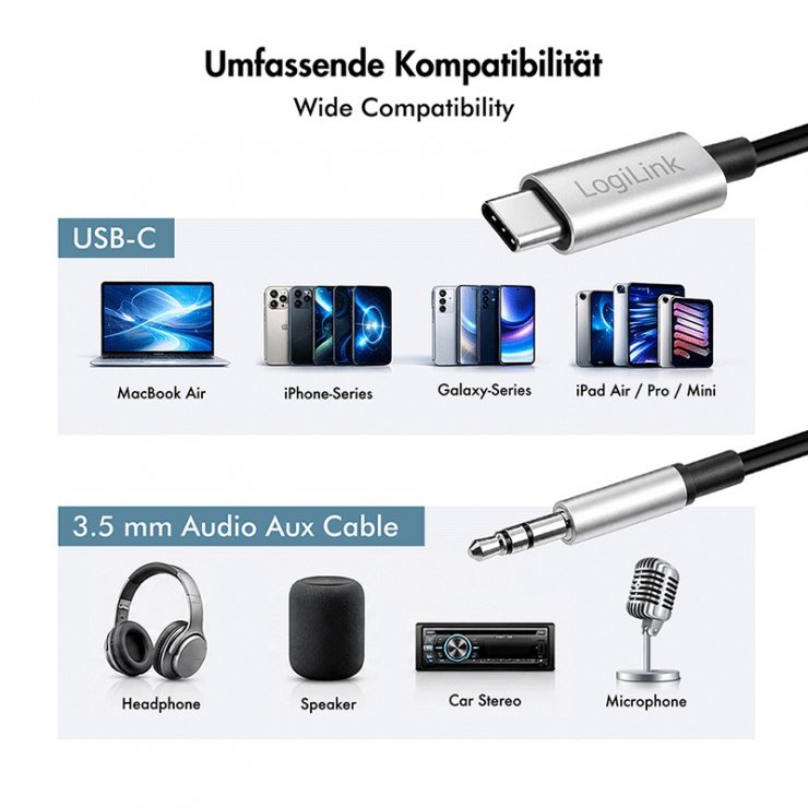 Imagine Cablu audio USB type C la jack stereo 3.5mm DAC 1m Negru, Logilink CUA0150
