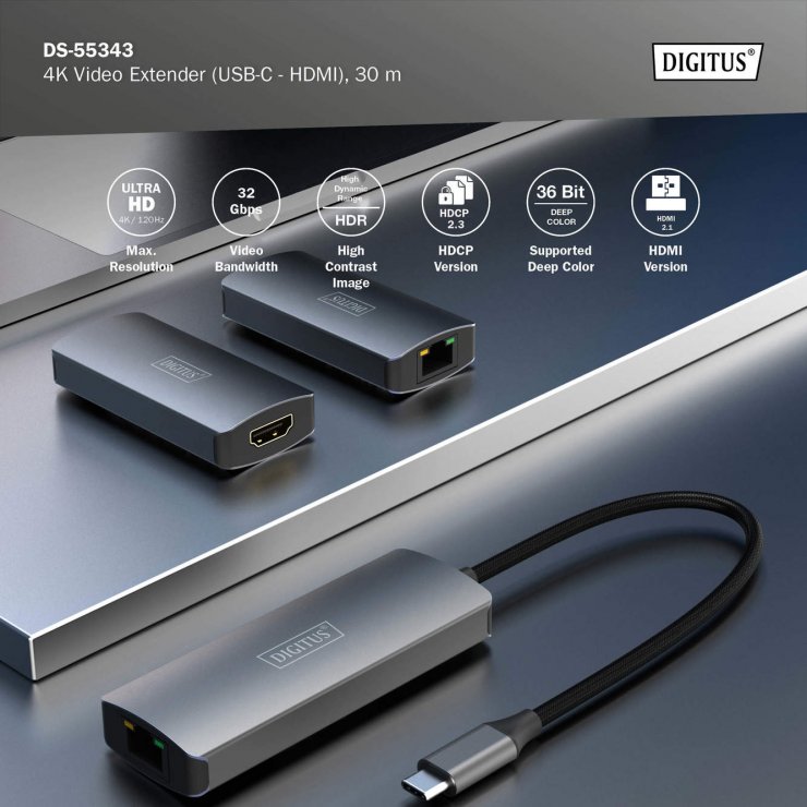 Imagine Extender USB type C la HDMI 4K120Hz via LAN max. 30m, Digitus DS-55343