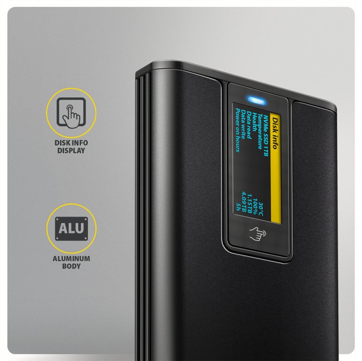 Imagine Rack extern USB type C 10Gbps la M.2 NVMe & SATA SSD cu display, Axagon EEM2-SD2B