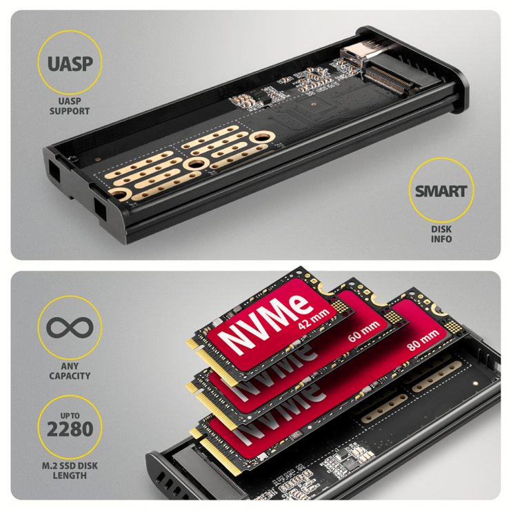 Imagine Rack extern USB type C 10Gbps la M.2 NVMe & SATA SSD cu display, Axagon EEM2-SD2B