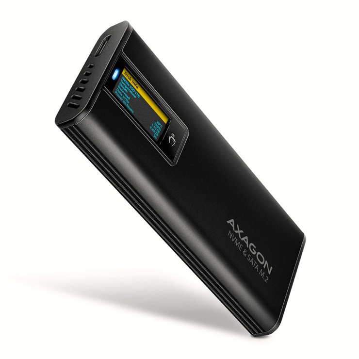 Imagine Rack extern USB type C 10Gbps la M.2 NVMe & SATA SSD cu display, Axagon EEM2-SD2B