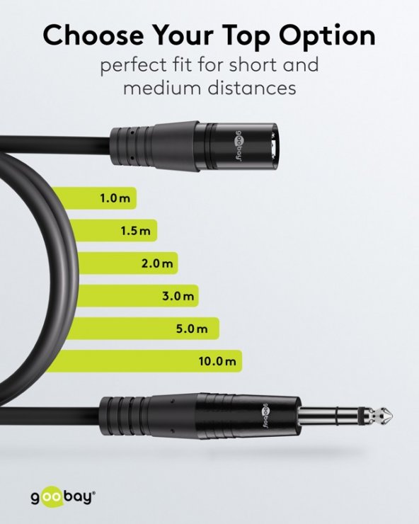 Imagine Cablu audio XLR 3 pini la jack stereo 6.35mm T-T 2m Negru, Goobay G80050