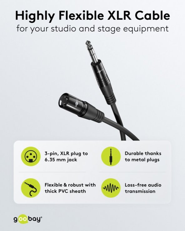 Imagine Cablu audio XLR 3 pini la jack stereo 6.35mm T-T 2m Negru, Goobay G80050