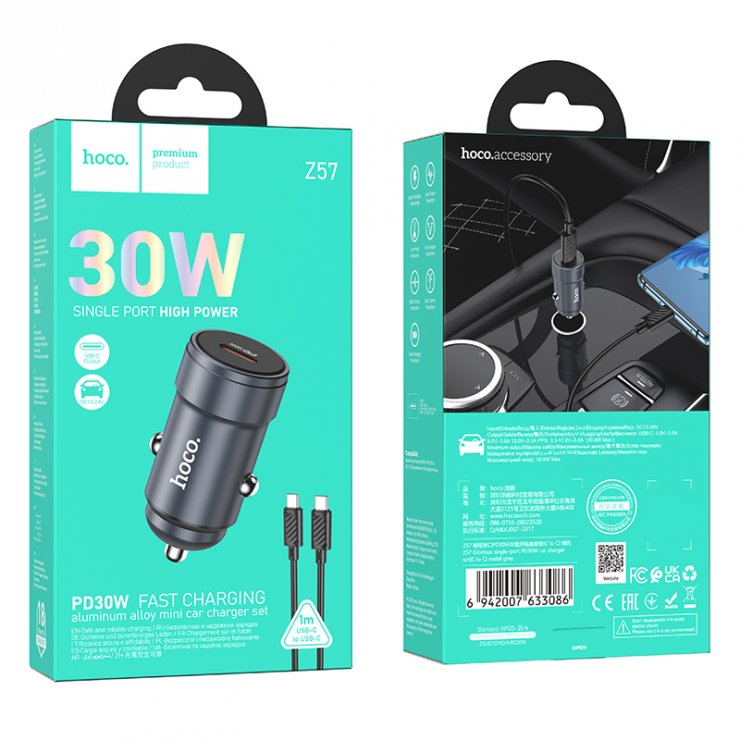 Imagine Incarcator auto USB-C 30W + cablu USB type C Glorious metal Gri, HOCO Z57