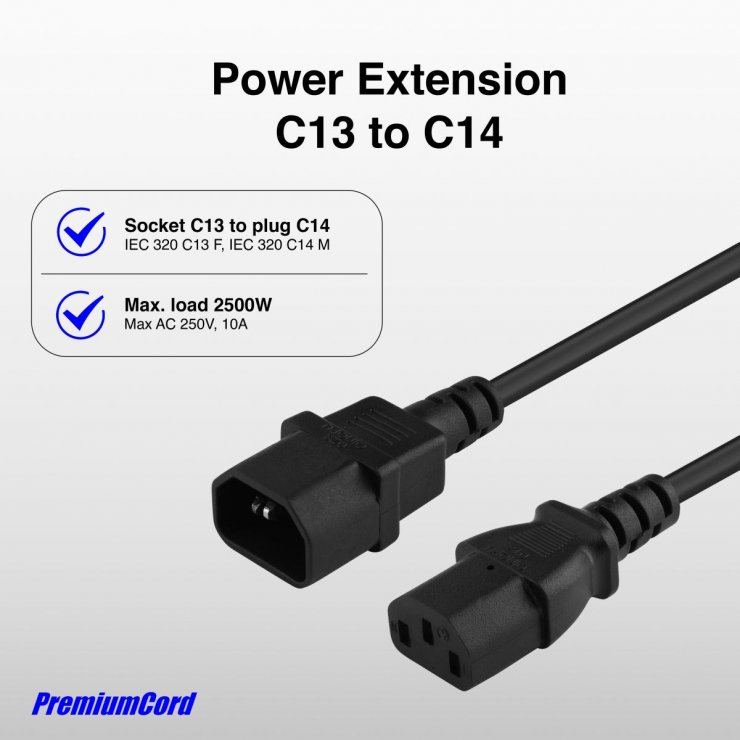 Imagine Cablu prelungitor alimentare IEC C13 la C14 10m Negru, kps10