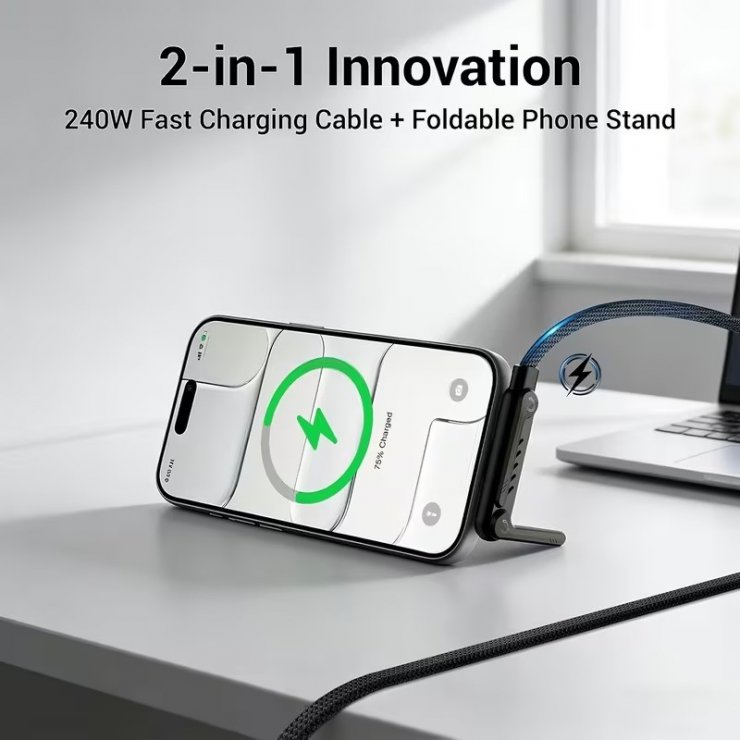 Imagine Cablu USB type C 240W T-T cu stand 1.5m brodat Negru, ku31ta015