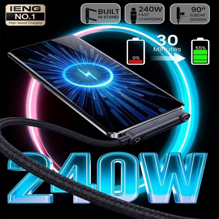 Imagine Cablu USB type C 240W T-T cu stand 1.5m brodat Negru, ku31ta015