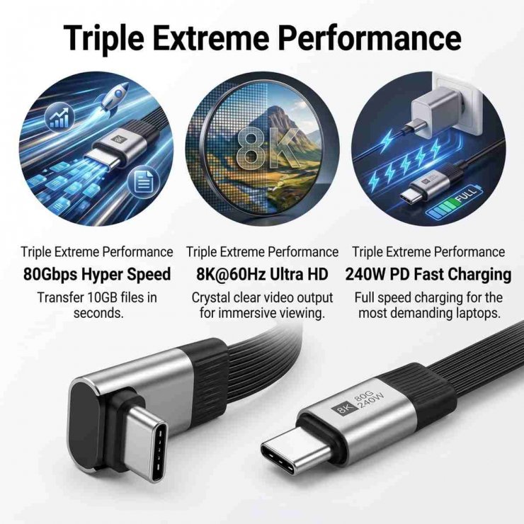 Imagine Cablu USB4 type C flat 8K60Hz 240W drept/unghi T-T 0.13m Negru, ku4fa3