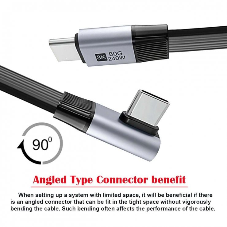 Imagine Cablu USB4 type C flat 8K60Hz 240W drept/unghi T-T 0.13m Negru, ku4fa4