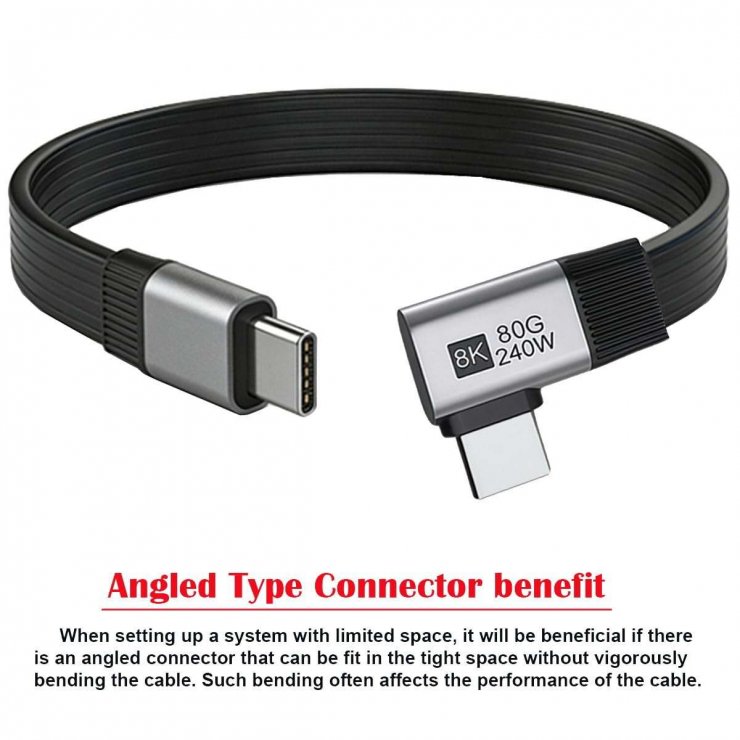 Imagine Cablu USB4 type C flat 8K60Hz 240W drept/unghi T-T 0.13m Negru, ku4fa5
