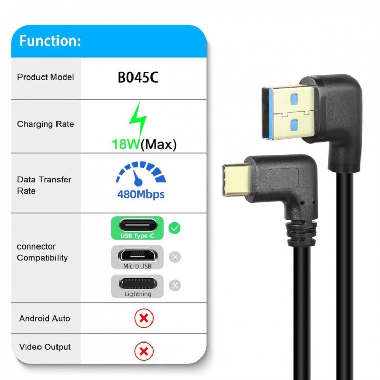 Imagine Cablu USB 3.2-A la USB type C T-T unghi/unghi 90 grade 0.2m Negru, kur31-44