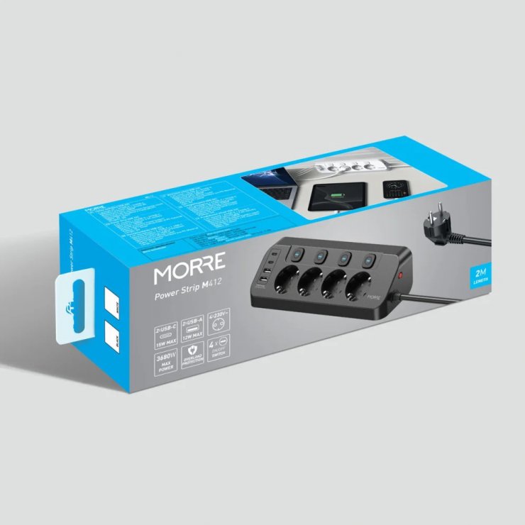 Imagine Prelungitor Schuko cu 4 prize + 2 x USB type C + 2 x USB-A 15W 2m Negru, M412