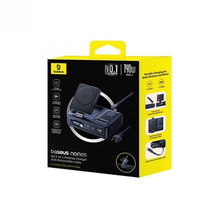 Imagine Incarcator priza USB-A + 2 x USB-C + incarcare wireless + cablu USB type C 140W Nomos, Baseus P10170902123-00