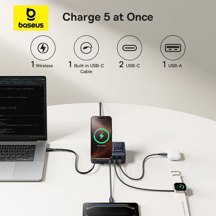 Imagine Incarcator priza USB-A + 2 x USB-C + incarcare wireless + cablu USB type C 140W Nomos, Baseus P10170902123-00