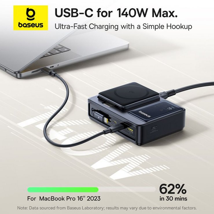 Imagine Incarcator priza USB-A + 2 x USB-C + incarcare wireless + cablu USB type C 140W Nomos, Baseus P10170902123-00
