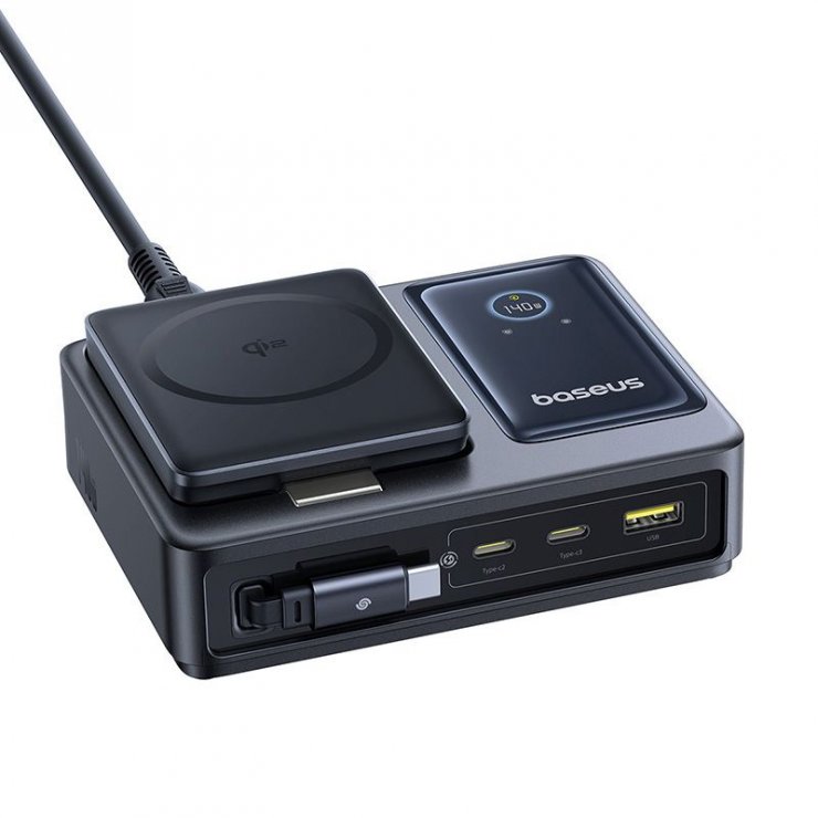 Imagine Incarcator priza USB-A + 2 x USB-C + incarcare wireless + cablu USB type C 140W Nomos, Baseus P10170902123-00
