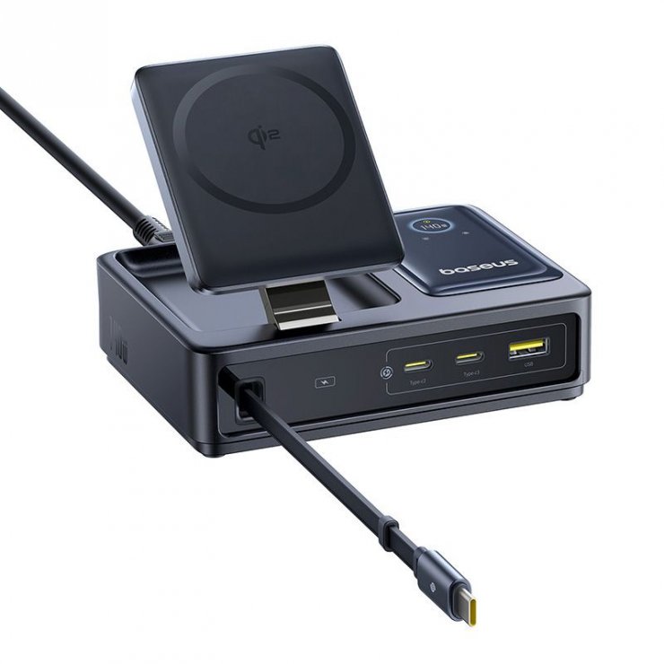 Imagine Incarcator priza USB-A + 2 x USB-C + incarcare wireless + cablu USB type C 140W Nomos, Baseus P10170902123-00