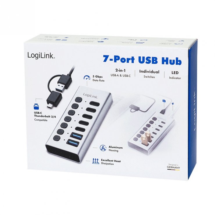 Imagine HUB USB-A/type C 3.2 la 5 x USB type C + 2 x USB-A cu switch ON/OFF Aluminiu, Logilink UA0447