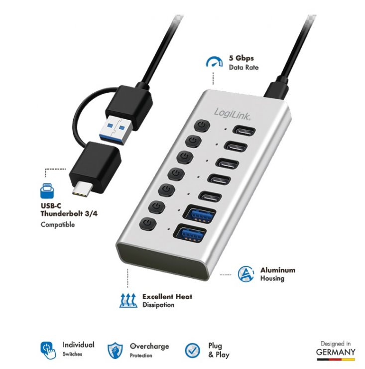 Imagine HUB USB-A/type C 3.2 la 5 x USB type C + 2 x USB-A cu switch ON/OFF Aluminiu, Logilink UA0447