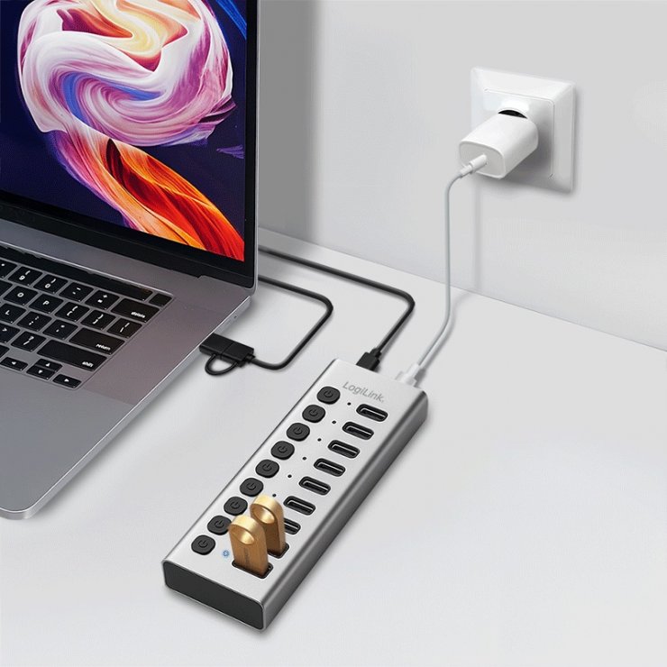 Imagine HUB USB-A/type C 3.2 la 8 x USB type C + 2 x USB-A cu switch ON/OFF Aluminiu, Logilink UA0448