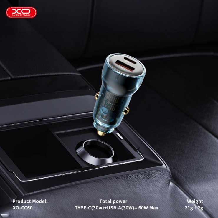 Imagine Incarcator auto USB-A + USB-C 60W + cablu USB type C Negru/Blue, XO CC60