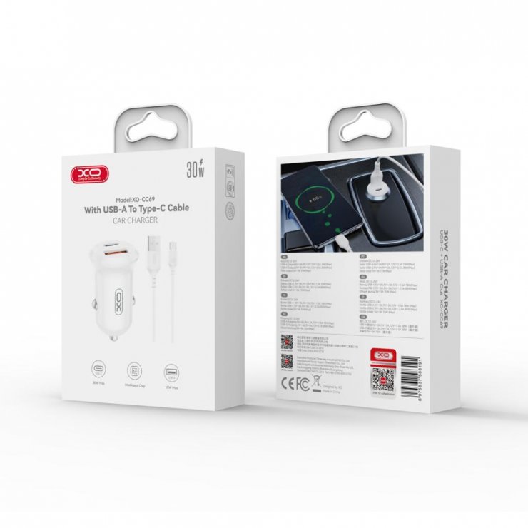 Imagine Incarcator auto USB-A + USB-C 30W + cablu USB type C Alb, XO CC69