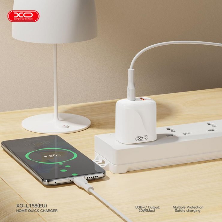 Imagine Incarcator priza USB-A + USB-C 20W + cablu USB type C Alb, XO L158
