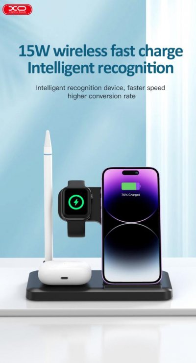 Imagine Stand/incarcator Wireless 15W pentru smartphone/watch/pencil/TWS Negru, XO WX033