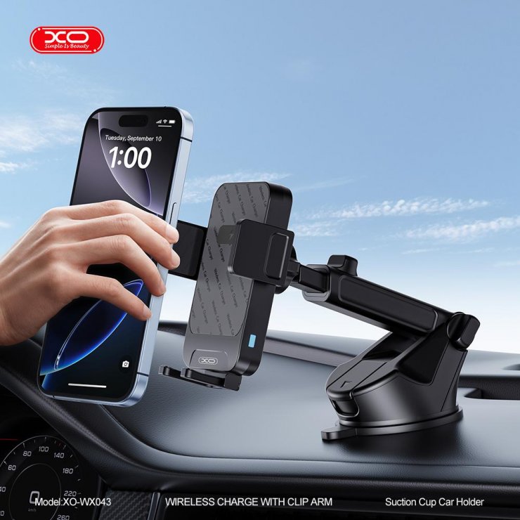 Imagine Suport cu ventuza pentru telefon cu incarcare Wireless 15W Negru, XO WX043