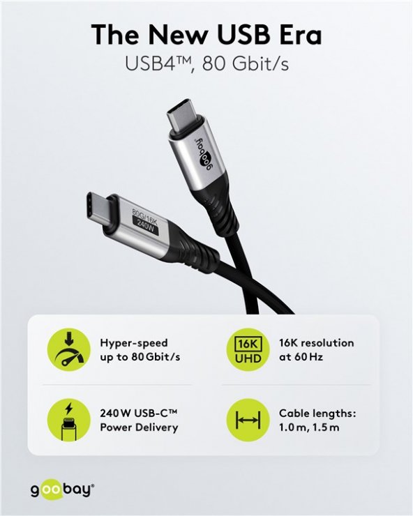 Imagine Cablu USB type C 240W 5A 80Gbits 16K60Hz/4K120Hz 1.5m brodat Negru, Goobay G74776