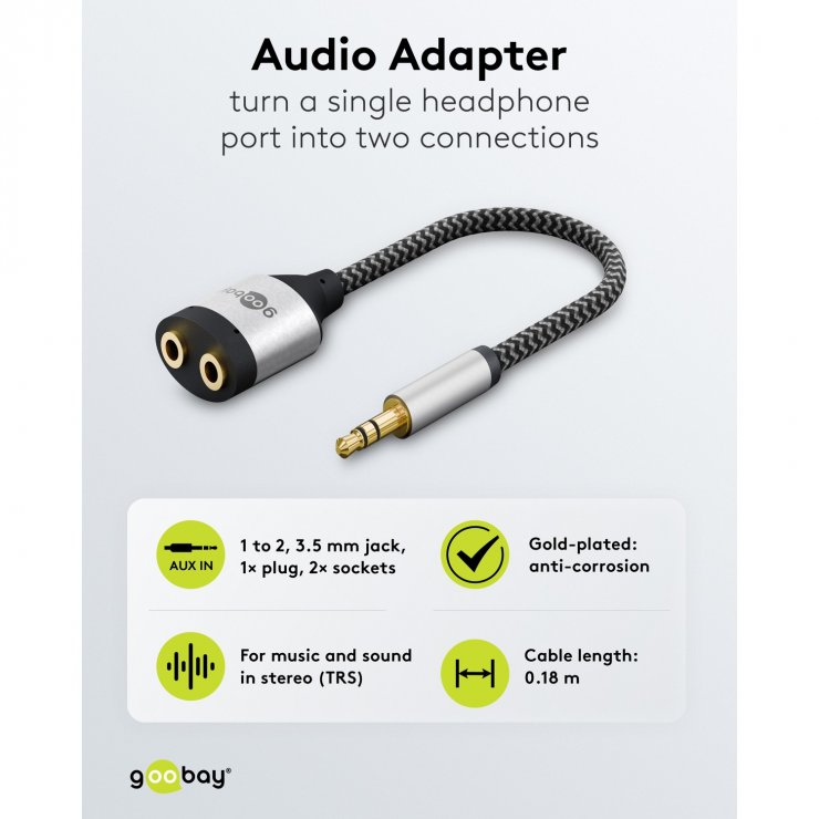 Imagine Splitter jack stereo 3.5mm 3 pini la 2 x jack stereo 3.5mm 3 pini T-M brodat 0.15m, Goobay G80586