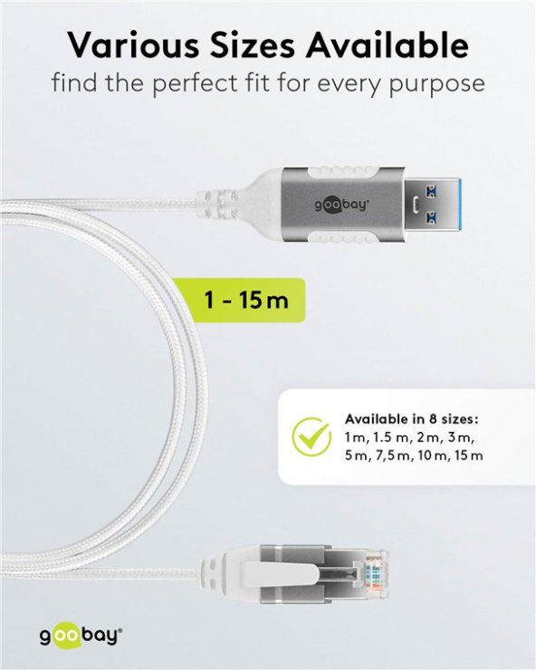 Imagine Cablu de retea USB-A la RJ45 Gigabit Cat.6 Slim 1m brodat Alb, Goobay G74377
