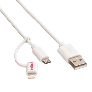 Cablu USB la micro USB-B + adaptor Lightning iPhone 5/6/7 MFI Alb 1m, Roline 11.02.8325