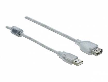 Cablu prelungitor USB 2.0 T-M cu ferita 1m transparent, Delock 83881