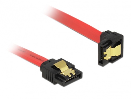Cablu SATA III 6 Gb/s drept/jos cu fixare rosu 20cm, Delock 83977