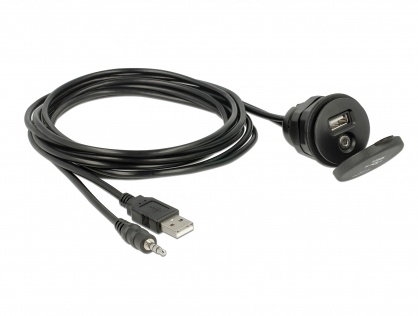 Cablu auto USB + jack stereo 3.5 mm 4 pini la USB + jack stereo 3.5 mm 4 pini (audio) T-M 2m Negru, Delock 85719 