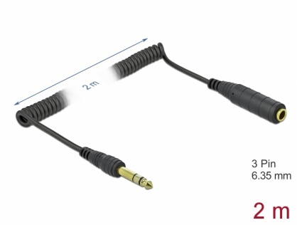 Cablu prelungitor jack stereo 6.35mm T-M 2m negru, Delock 85938