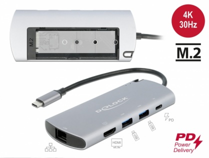 Docking station USB-C la 4K HDMI / USB / LAN / PD 3.0 + M.2 SATA SSD, Delock 87767