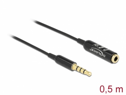 Cablu prelungitor Ultra Slim jack stereo 3.5mm 4 pini T-M 0.5m Negru, Delock 66074