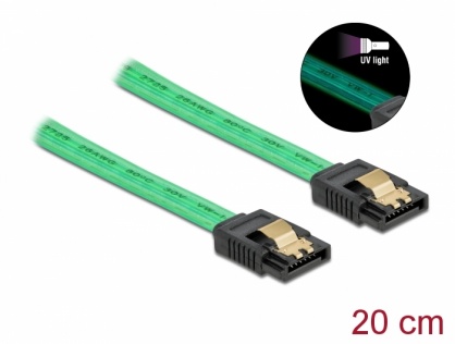 Cablu SATA III 6 Gb/s UV glow effect 20cm Verde, Delock 82017