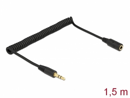 Cablu prelungitor jack stereo 3.5mm 3 pini T-M spiralat 1.5m Negru, Delock 86768