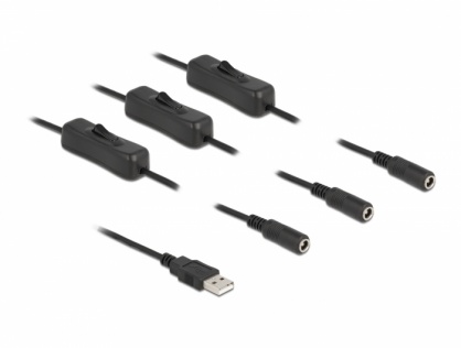 Cablu de alimentare USB-A la 3 x DC 5.5 x 2.1 mm T-M cu switch On/Off 1m, Delock 86798