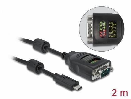 Cablu USB type C la Serial RS-232 DB9 FTDI cu LED 2m, Delock 90414