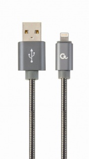 Cablu de date + incarcare USB la iPhone Lightning metalic spiral Premium 2m Metalic/Gri, Gembird CC-USB2S-AMLM-2M-BG