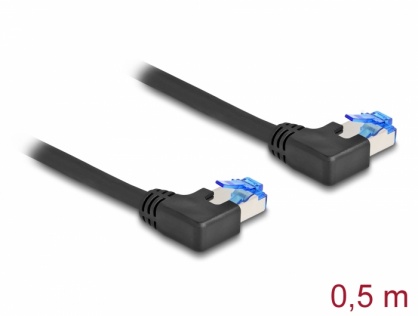 Cablu de retea RJ45 Cat.6A SFTP LSOH unghi 90 grade stanga 0.5m Negru, Delock 80209