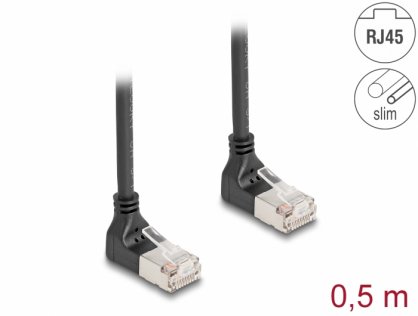 Cablu de retea RJ45 Cat.6A S/FTP Slim unghi 90 grade sus/sus 0.5m Negru, Delock 80280