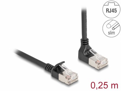 Cablu de retea RJ45 Cat.6A S/FTP Slim unghi 90 grade sus/drept 0.25m Negru, Delock 80285