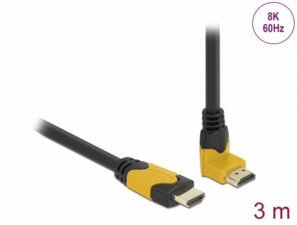 Cablu Ultra High Speed HDMI 8K60Hz/4K240Hz drept/unghi 90 grade sus T-T 3m Negru/Galben, Delock 86990