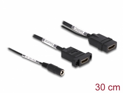 Cablu HDMI 4K60 Hz cu alimentare DC 2.1 x 5.5 mm M-M 0.30m panel-mount, Delock 87038