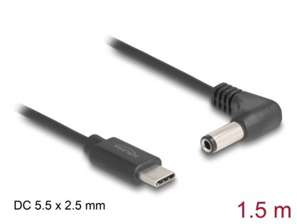 Cablu de alimentare USB type C la DC 5.5 x 2.5mm unghi T-T 1.5m, Delock 85399